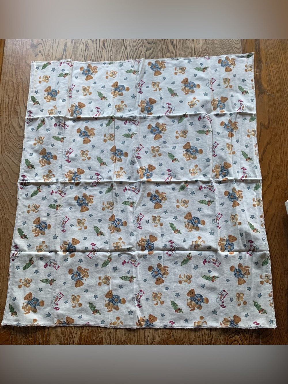 2 Vtg Blue Jean Teddy Bears Springs Industries Cotton Flannel Receiving Blankets
